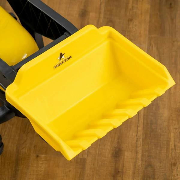 Yellow front loader bucket attachment for a kids pedal go-kart excavator