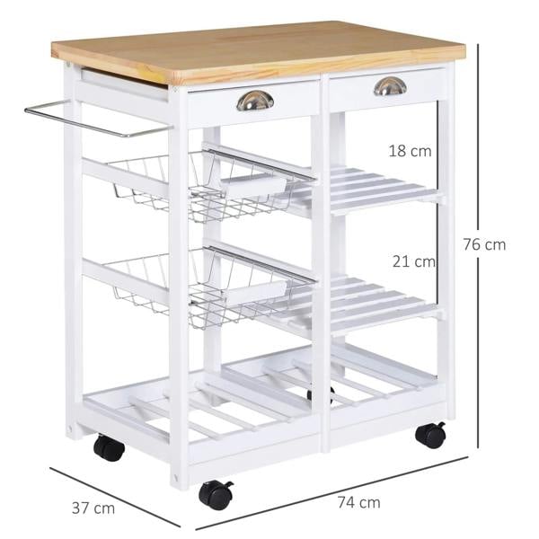 White kitchen trolley cart with open shelves and wine rack, 76 cm height