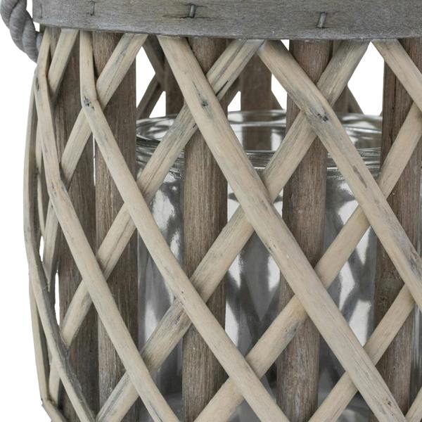 JVL Luna Natural Willow Wood Lantern With Braided Rope Handle, Grey Wash