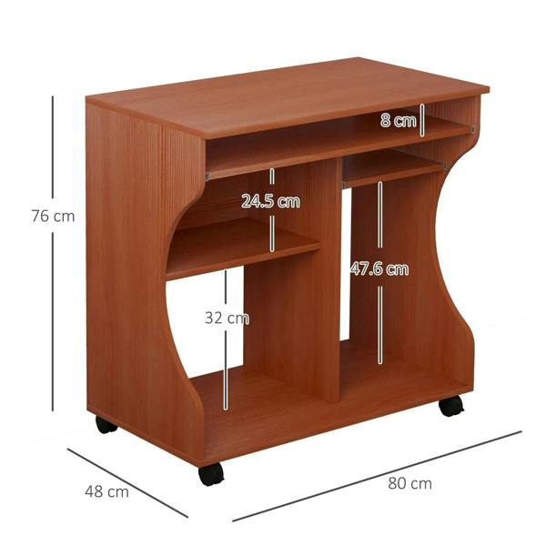 Cherry wood compact work desk with open storage, shown with size measurements