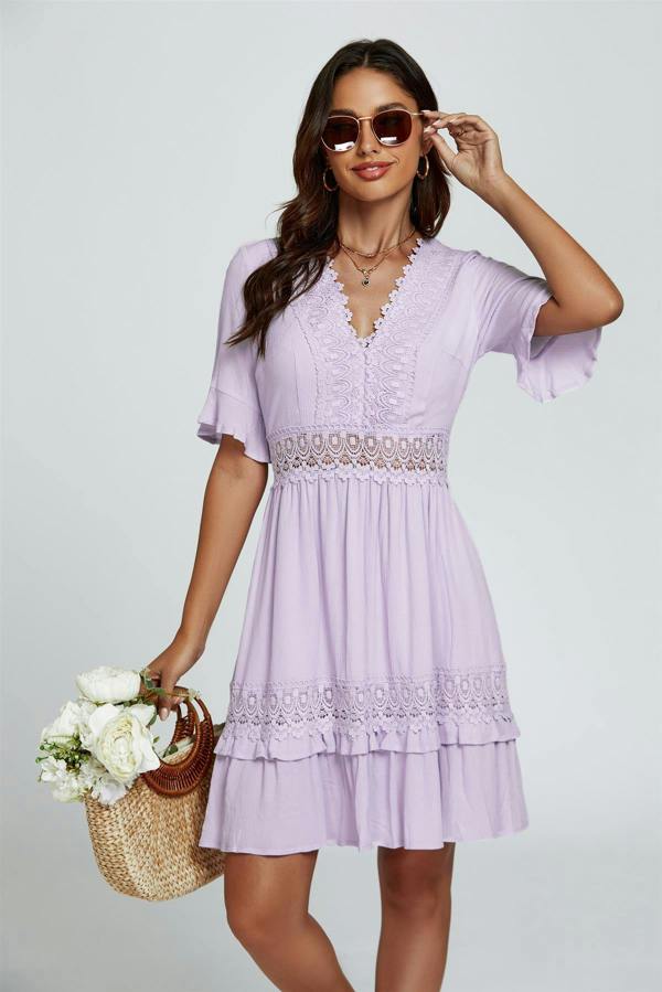 FS Collection V Neck Lace Mini Dress In Purple