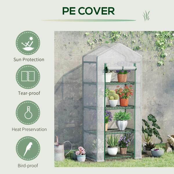 Mini greenhouse with white PE cover and green frame, reinforced mesh side panels