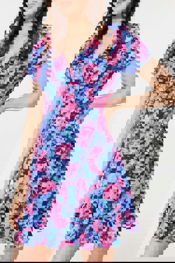 Blue | Floral Frill Faux Wrap Short Dress