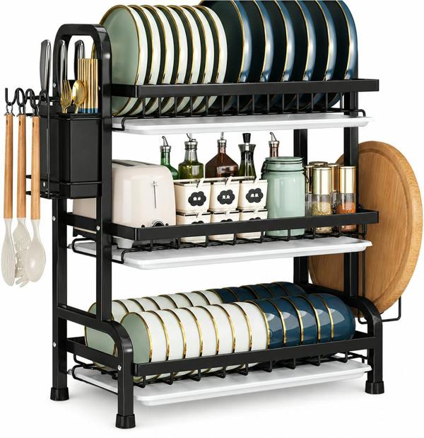 ATEK 3 Tier Dish Drying Rack with Drip Trays, Cutlery & Chopping Board Holder – White