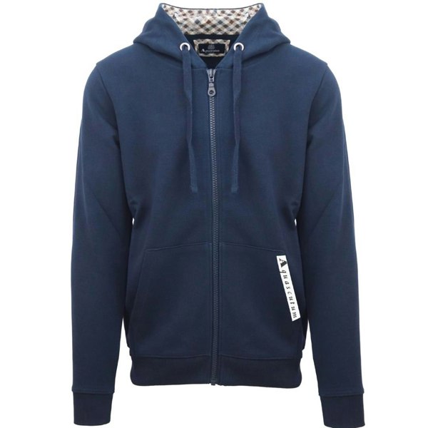 Aquascutum Branded Taped Pocket Zip-Up Hoodie - Navy Blue