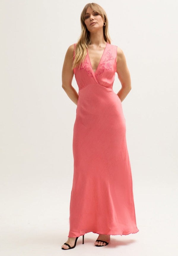 Pandora Bias Cut Sleeveless Embroidered Maxi Dress In Orange
