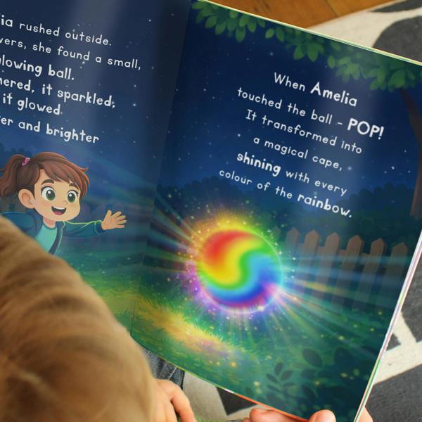 An over-the-shoulder view of a child reading the open Personalised Starlight Hero Story Book for Girls from Abode Home & Gifts, showing a colorful, glowing rainbow ball illustration and custom text featuring the name Amelia.