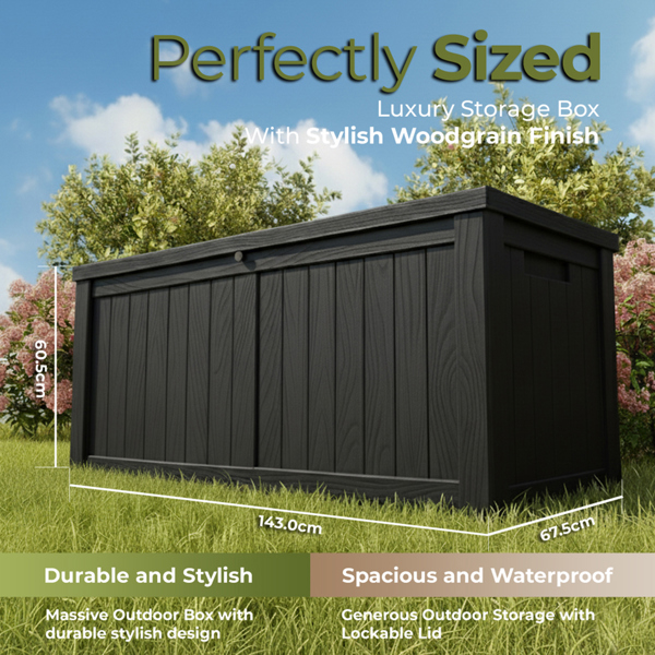 Homeology TUNGSTEN 450 Litre 119 Gallon Waterproof Extra Large Lockable Easy-Open Garden Storage Box in Black