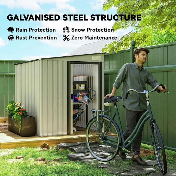 White galvanised metal shed with sliding door open, outdoor storage use