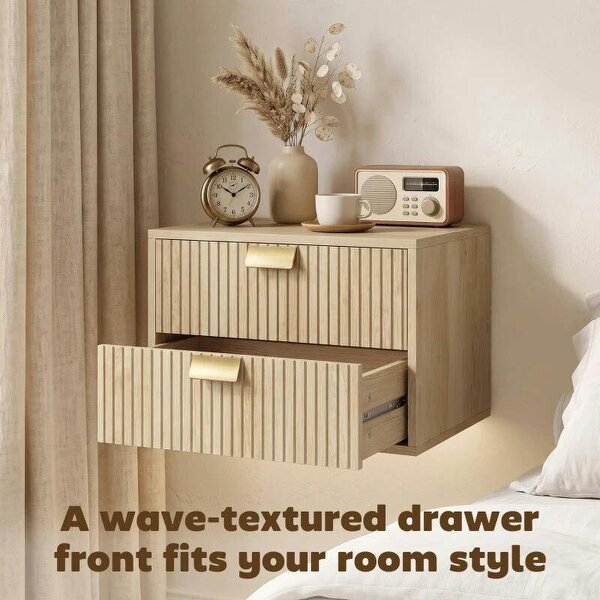 Modern Floating Nightstands Set of 2, Wall Mounted Bedside Tables with 2 Drawers, Oak