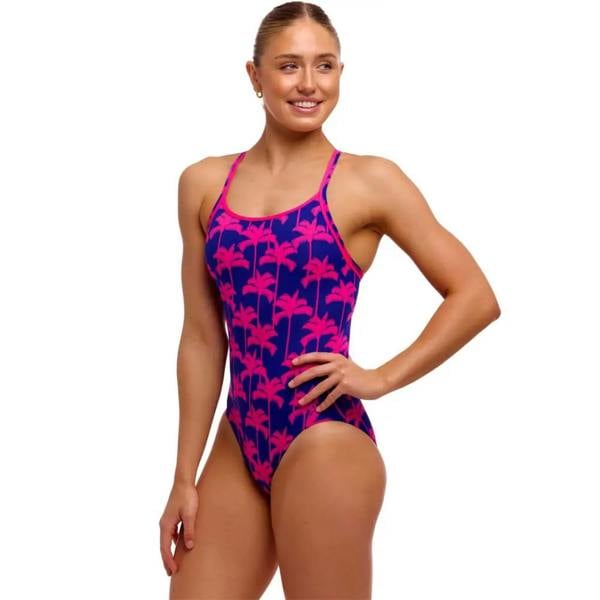 Funkita Pinky Palms Diamond secure back period proof swimsuit in pink and purple palm print