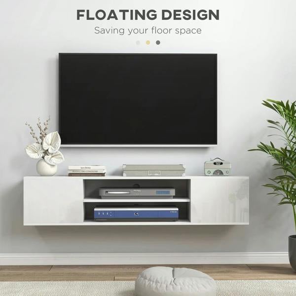 High-gloss white floating TV console with center media shelf and storage compartments