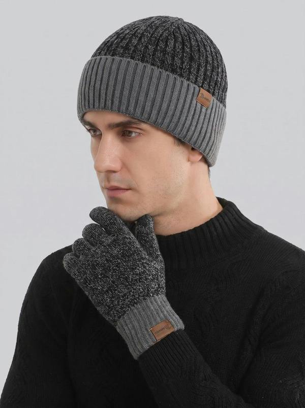 Anniou Men Color Block Rib Knit Hat Scarf  Gloves Set