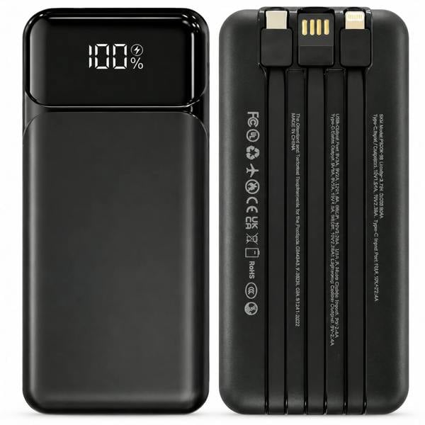ATEK 20000mAh Portable Power Bank Built-In USB-C Lightning Cables LED Display Black
