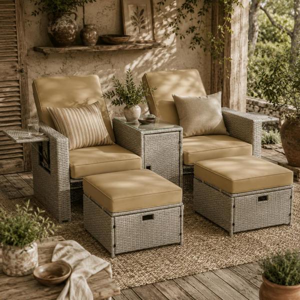 Wyld Haus Luva Faux Rattan Grey and Beige 5 Piece Adjustable Sun Lounger Set With Storage Table And Footstools