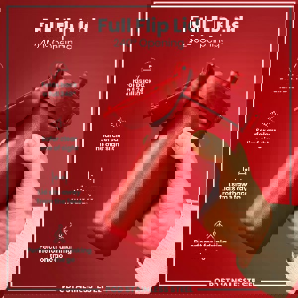 A red water bottle with a full flip lid is being held; the lid folds back 240 degrees. The bottle is shown against a red background. "Full Flip Lid," "240° Opening," and "POD STAINLESS STEEL" are also visible.