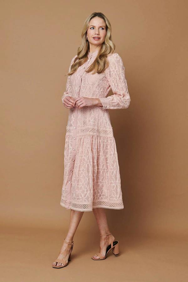 Pink | Embroidered Lace Long Sleeve Midi Dress