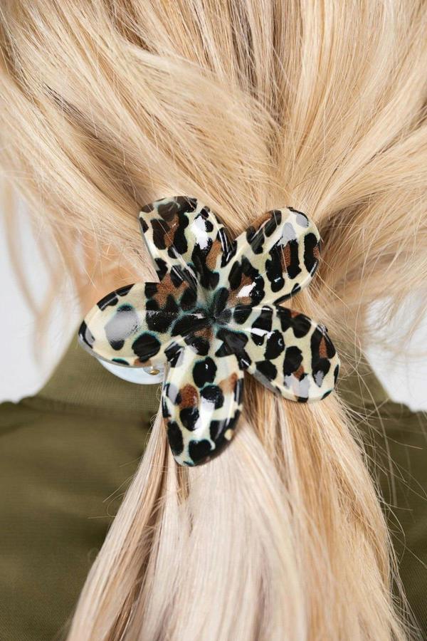 Jenaya Flower Shaped Printed Hair Claw Clip - Mocha