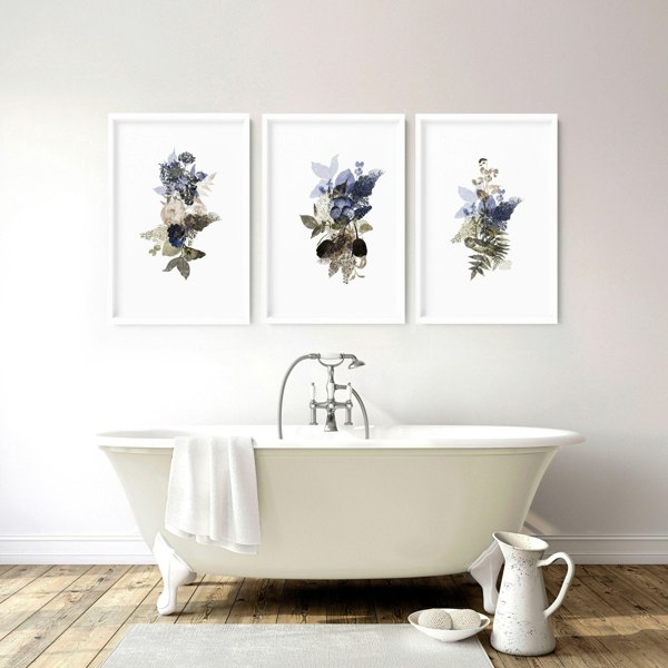 Bathroom art framed | set of 3 Botanical wall prints