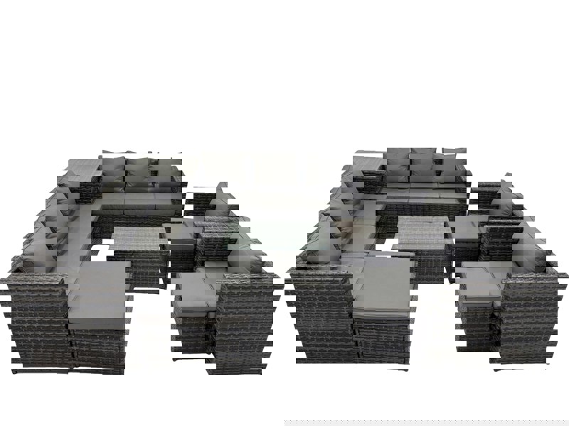 Fimous 11 Seater Garden Outdoor Rattan Furniture Set Patio Corner Sofa Rectangular Coffee Table with 3 Stools Dark Grey