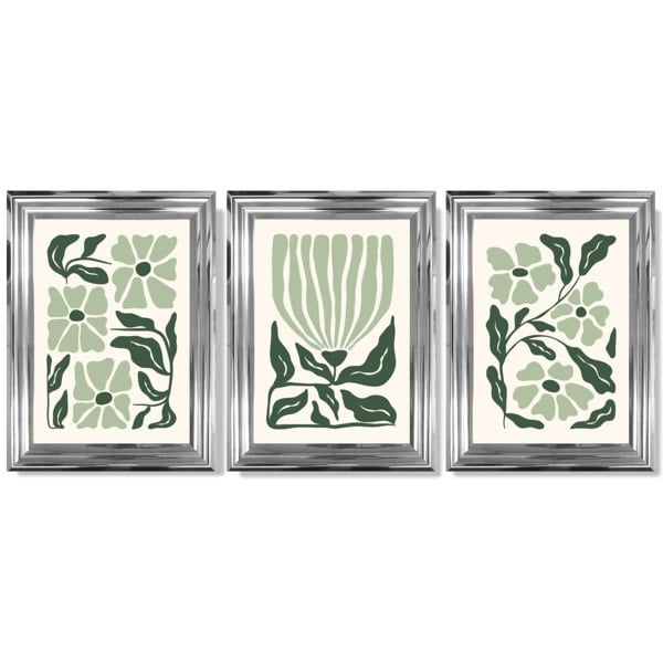 Set of 3 Boho Sage Green Floral Framed Art Prints with Glossy Chrome Frames