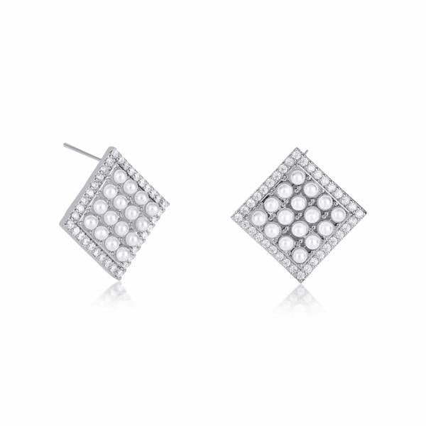 Zavana Silver Large Pearl Earrings set with Small White Pearls & Cubic Zirconia for Women