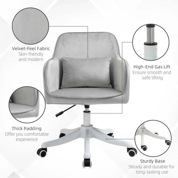 Grey velvet office chair with thick padding, lumbar pillow, and sturdy white base
