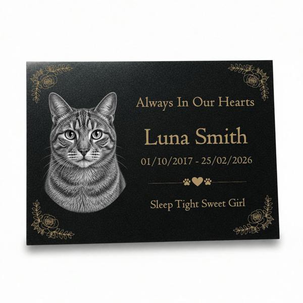Memorials Direct Cat Memorial Granite Photo Plaque - Floral Design