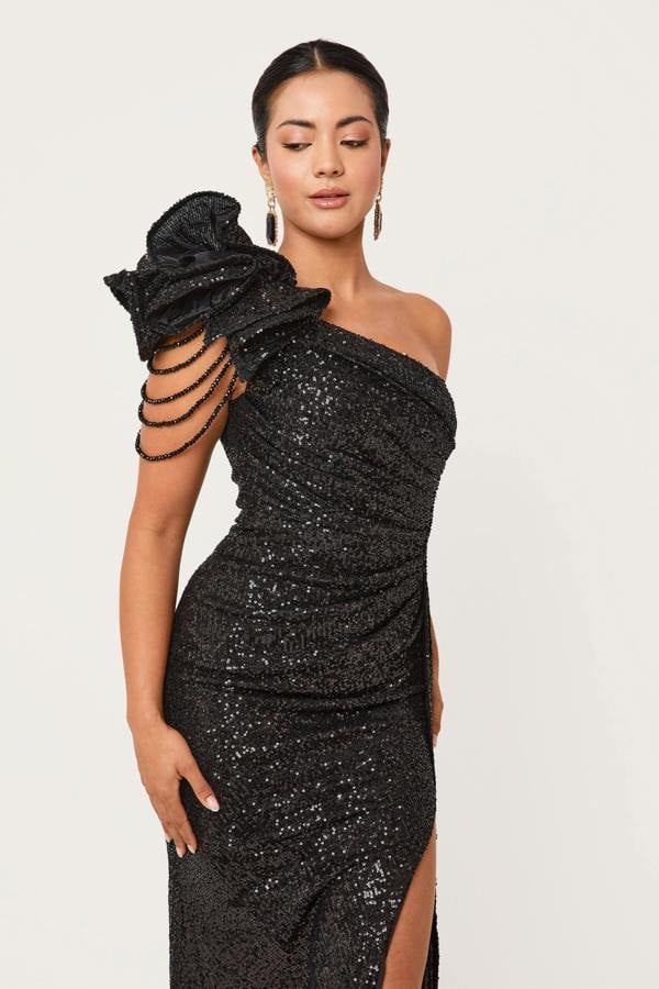 LuvForever Mira - Black One Shoulder Sequin Maxi Dress