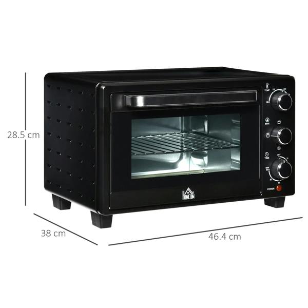 Black countertop mini oven with front glass window and visible size dimensions