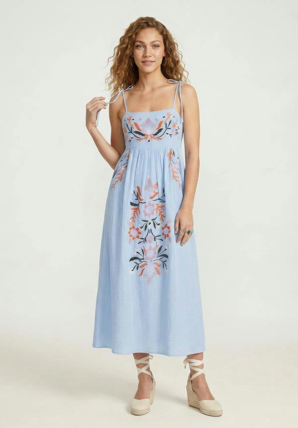 Raffya Furla Smocked Panel Embroidered Midi Dress In Blue