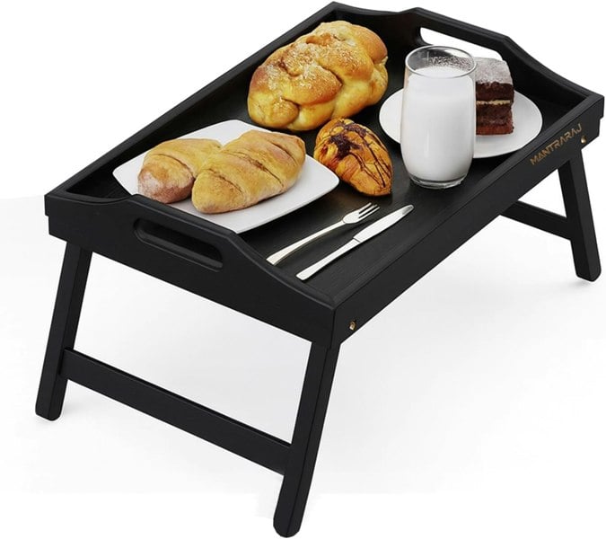 MANTRARAJ Bamboo Bed Tray Table with Foldable Legs And Handles Breakfast Tray for Sofa, Bed, Platters Lap Tray (Black)