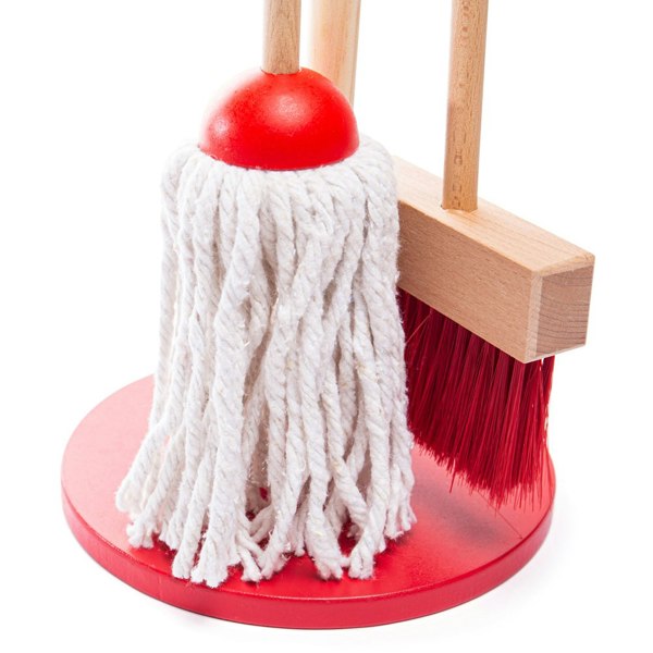 Bigjigs Toys Wooden Cleaning Stand Set Toy Including A Mop, Broom, Dustpan & Brush