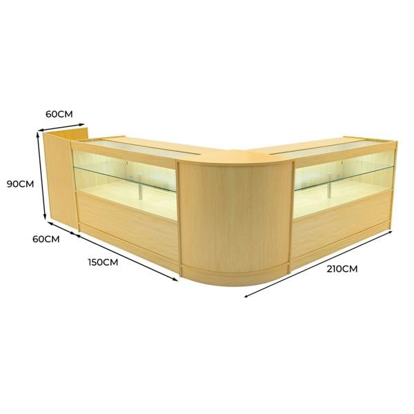 Phoenix LED Shop Counter Set in maple finish, featuring curved design, glass display sections, and dimensions of 210cm x 90cm x 60cm