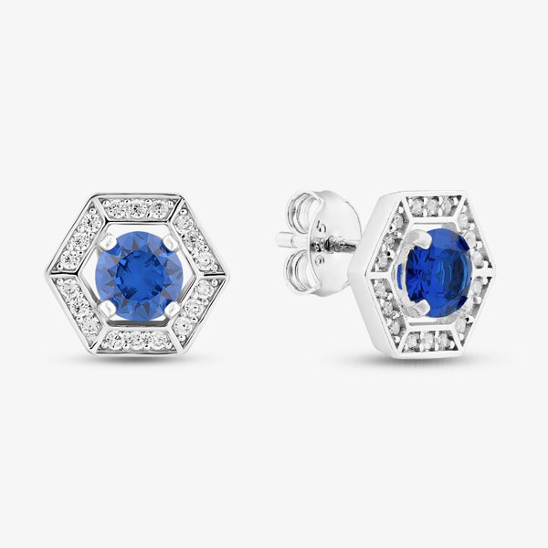 T. H. Baker Sterling Silver Rhodium Plated Blue Cubic Zirconia Hexagon Stud Earrings 8.57.0018
