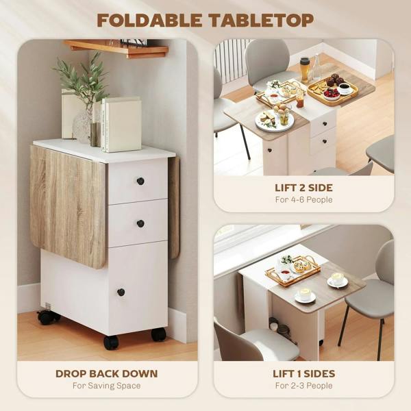White and oak dining table cart with drop-down top and side-lift feature plus drawers