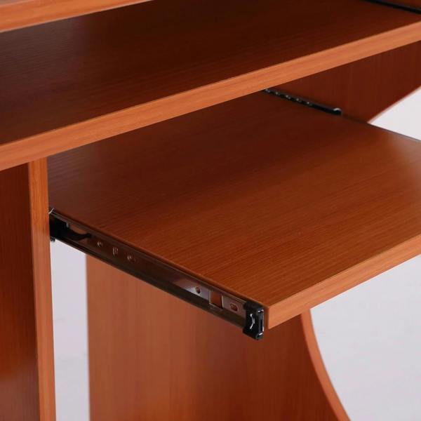 Cherry wood desk with sliding tray and metal rail mechanism under tabletop
