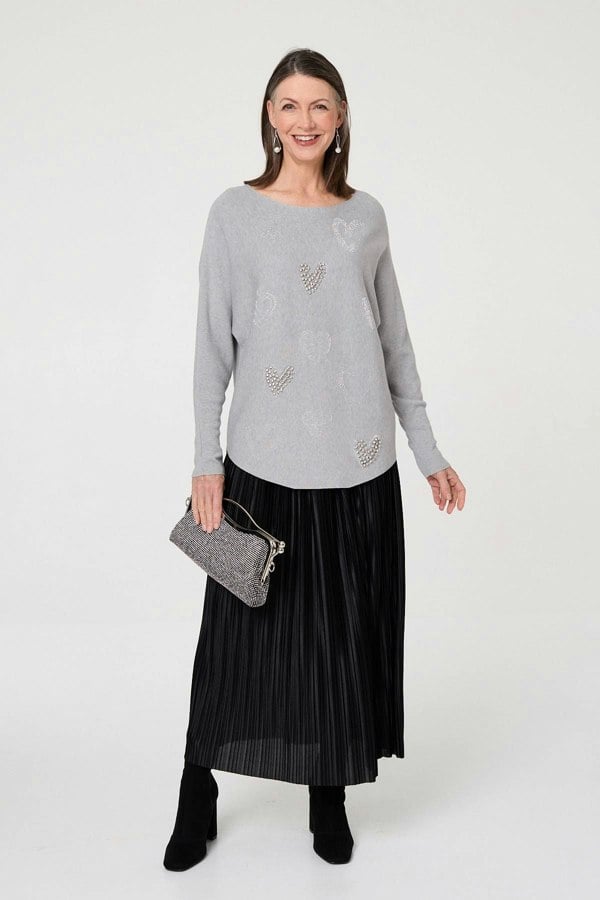 Grey | Sparkly Heart Print Long Sleeve Jumper

