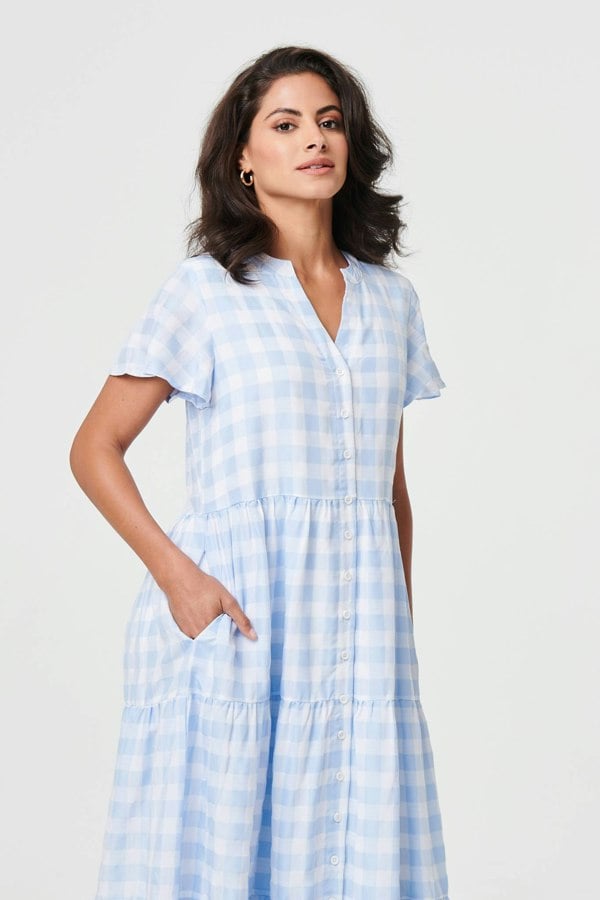 Blue | Checked Short Sleeve Tiered Maxi Dress

