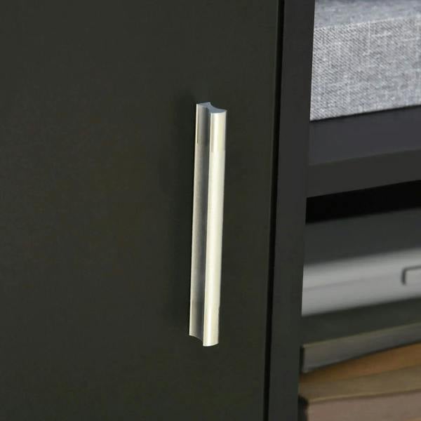 Metal handle on black cabinet door of printer stand storage unit
