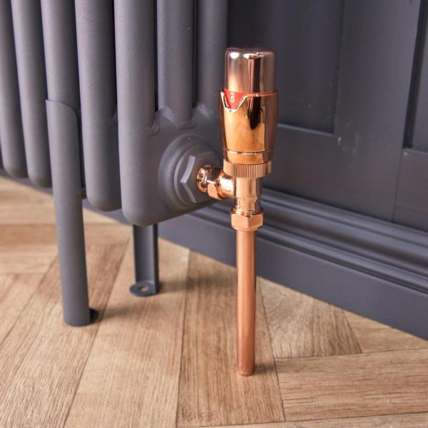 Flode Angled Thermostatic Radiator Valve Pack | 15mm x 1/2" | Copper
