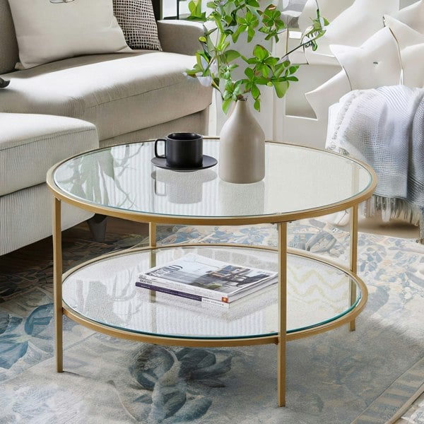 Rafaelo Mobilia Industrial 2 Tier Round Coffee Table With Tempered Glass