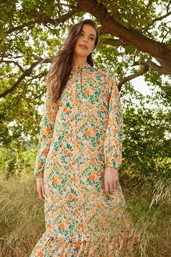 WOVCOR Floral Lined Woven Dress with Ruffled Hem