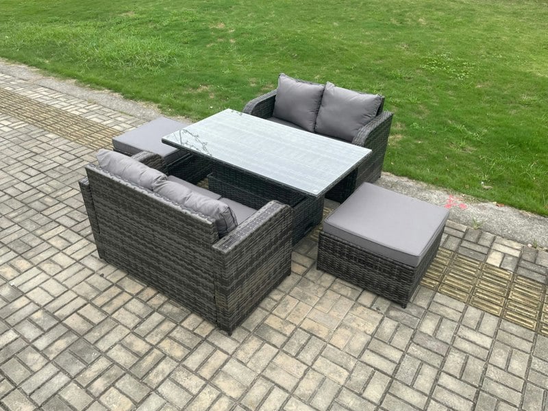 Fimous Outdoor Rattan Furniture Garden Dining Set Height Adjustable Rising lifting Table Love Sofa Set With 2 Big Footstool Dark Grey Mixed