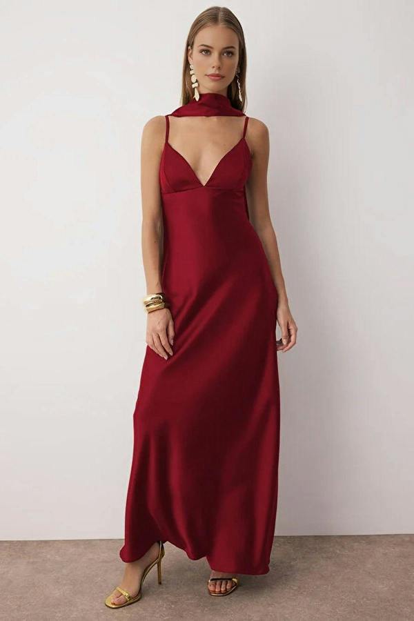 WOVCOR Scarf Detail Satin Maxi Dress with Strappy Design