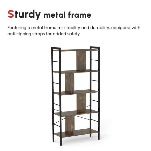 Open 5-tier industrial bookcase with rustic brown shelves and black metal frame, front view.