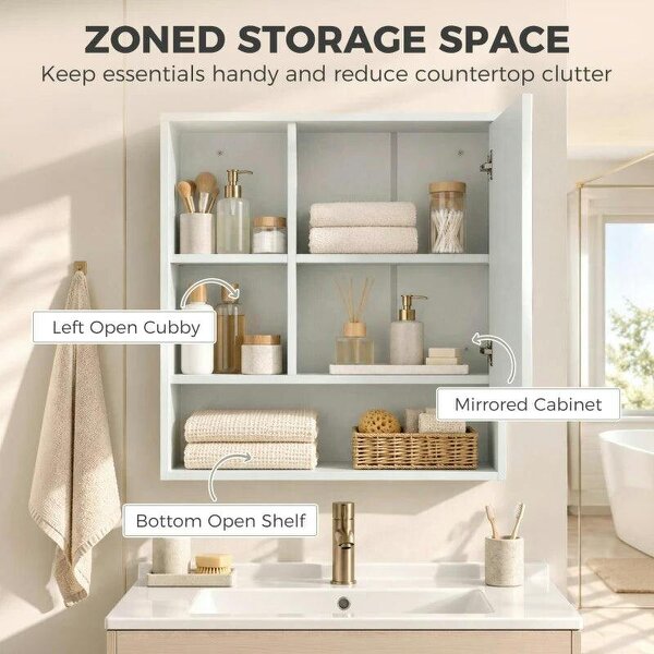 Bathroom Mirror Cabinet, Wall-Mounted Bathroom Cabinet with Mirror Door, Adjustable Shelves, White