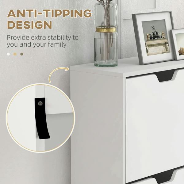 White shoe storage cabinet side view with anti-tipping support detail