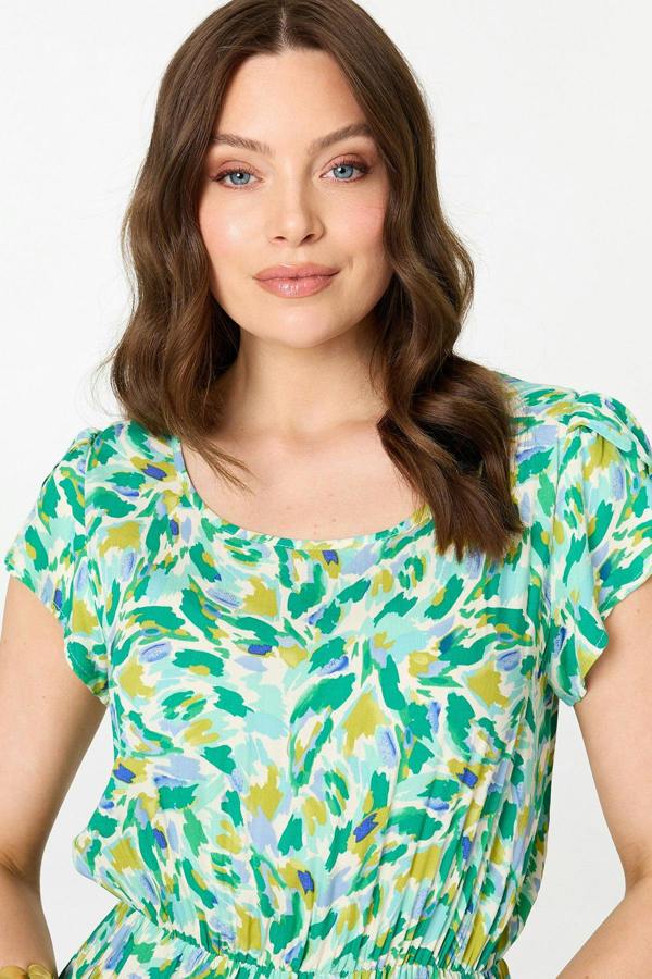 Green | Printed Cap Sleeve Lace Tier Maxi Dress