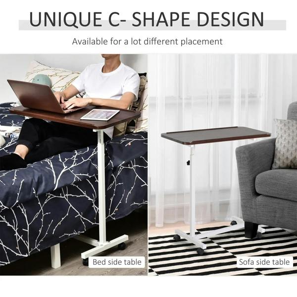 C-shaped over-bed side table with brown top and white lift stand